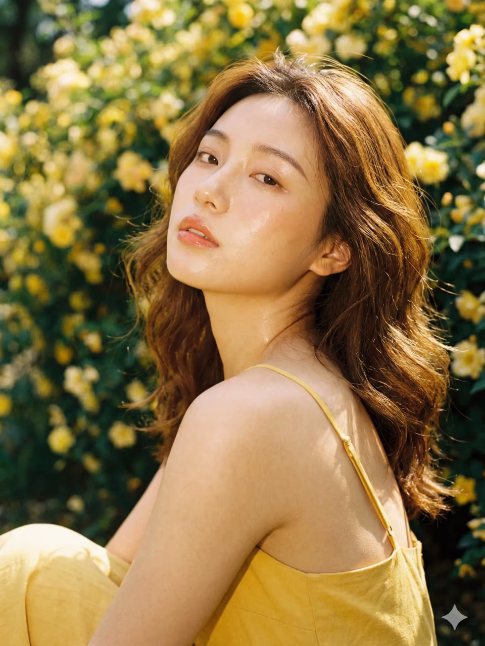Young Woman in Yellow Spaghetti Strap Dress Among Flowers