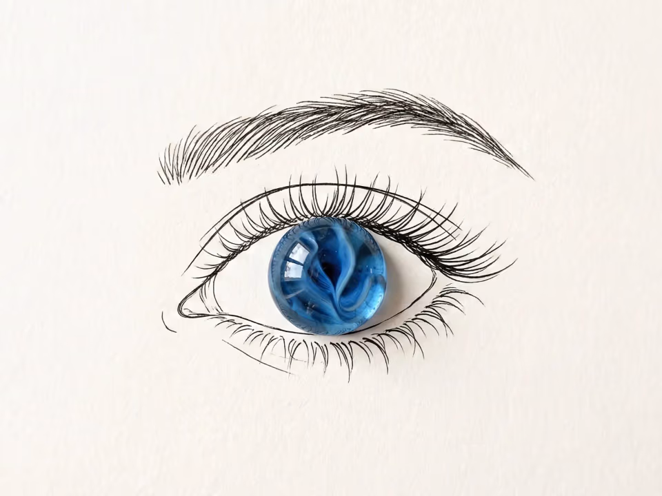 Minimalist Mixed-Media Eye Illustration with Blue Marble Iris