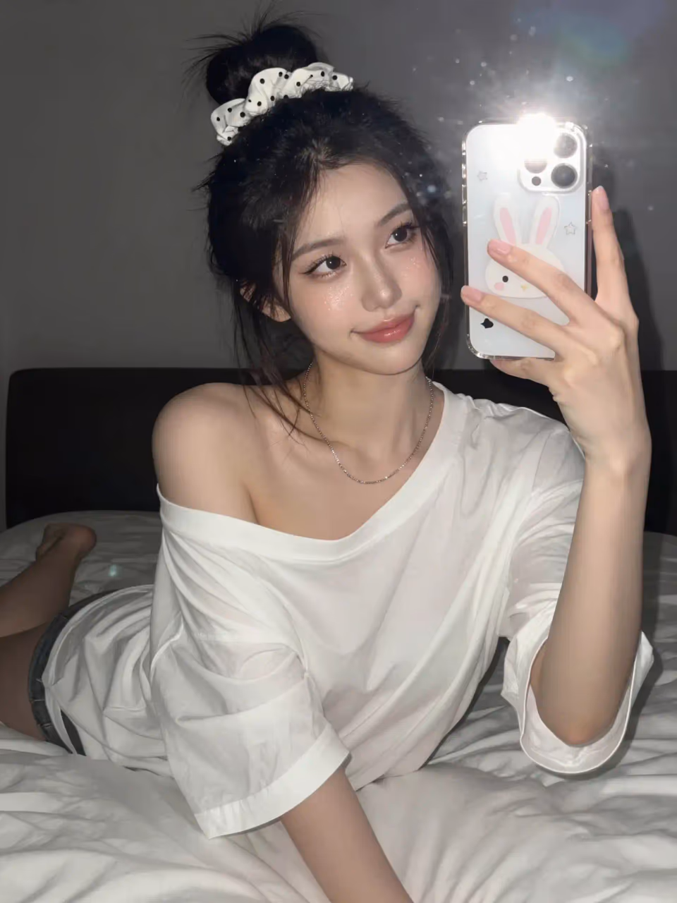 Mirror Selfie with Flash and Dewy Skin