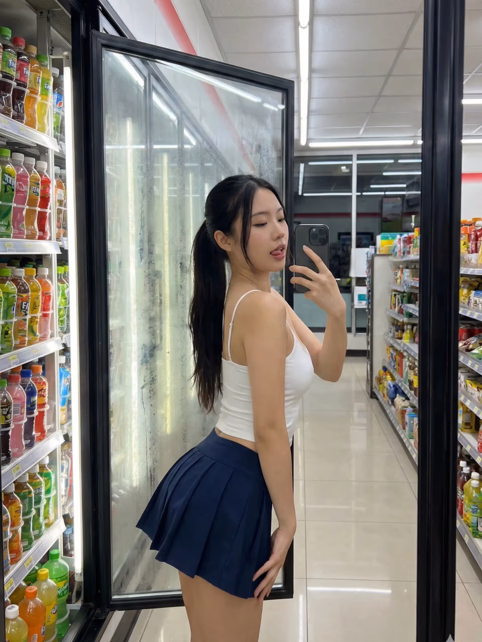 Selfie in Convenience Store Cooler Reflection