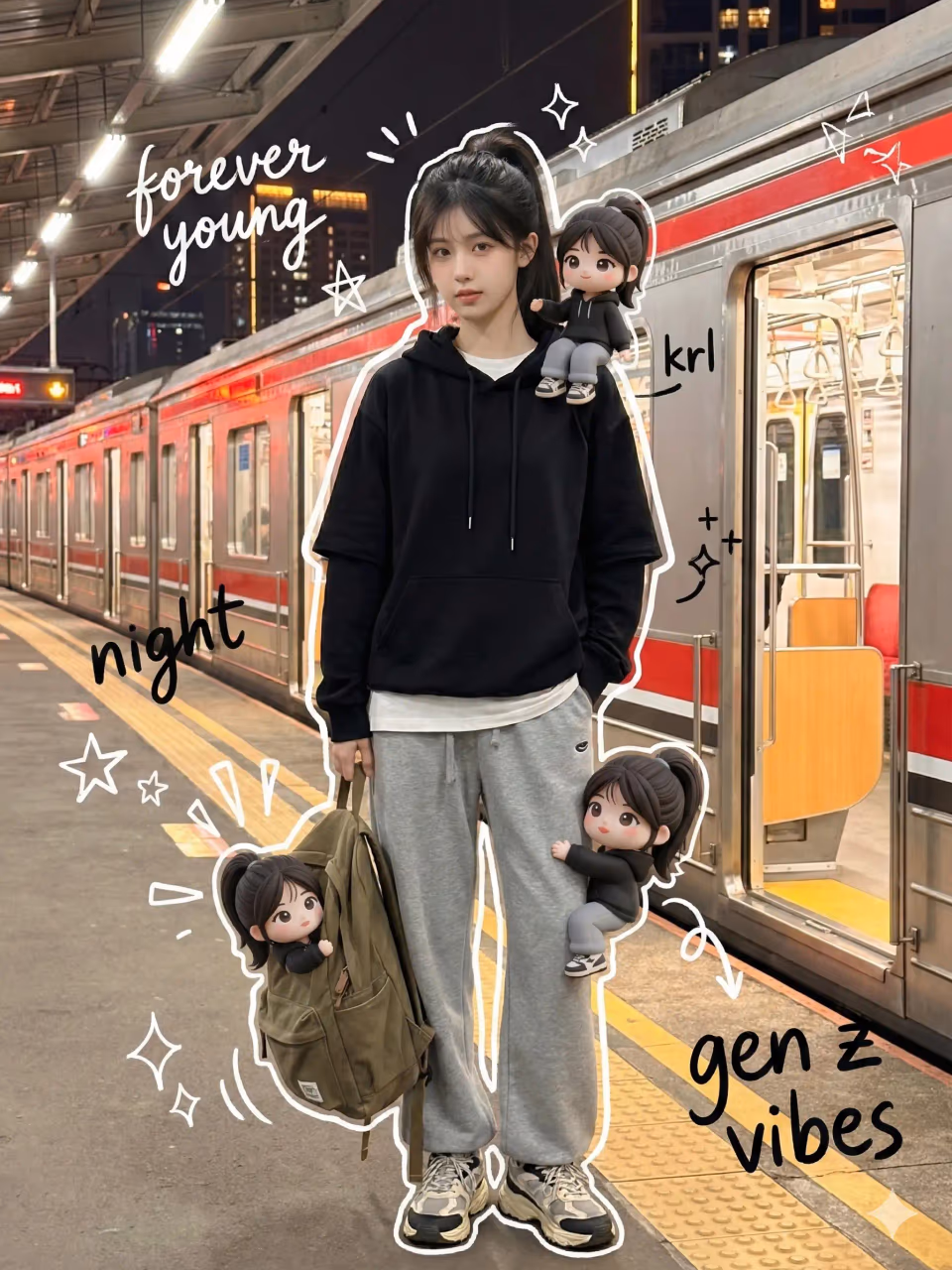 Gen Z Streetwear Portrait with 3D Chibi Doodles at Train Station